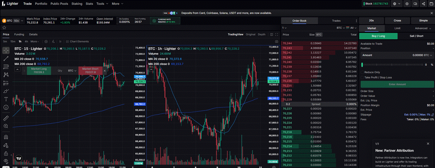Lighter exchange trading interface — ZK-powered on-chain order book