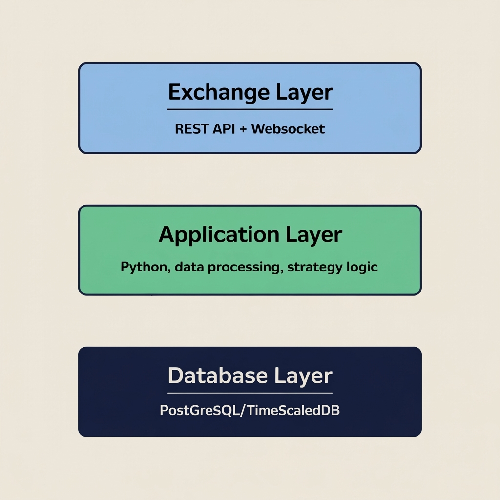 Trading application architecture — exchange API, Python application layer, and TimescaleDB database