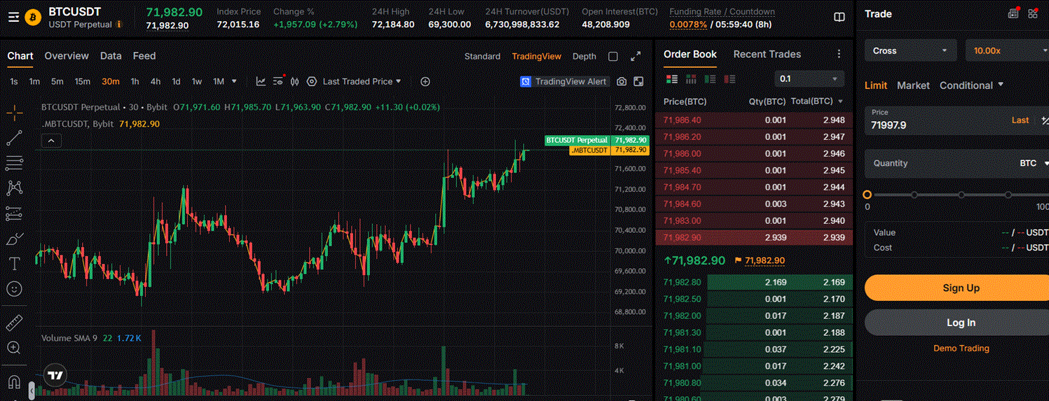 Bybit trading interface — perpetual futures order book and chart