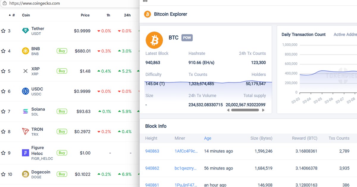 CoinGecko token list alongside a blockchain explorer view