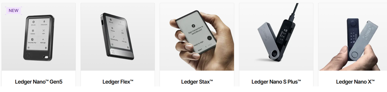 Ledger device lineup — Nano Gen5, Flex, Stax, Nano S Plus and Nano X