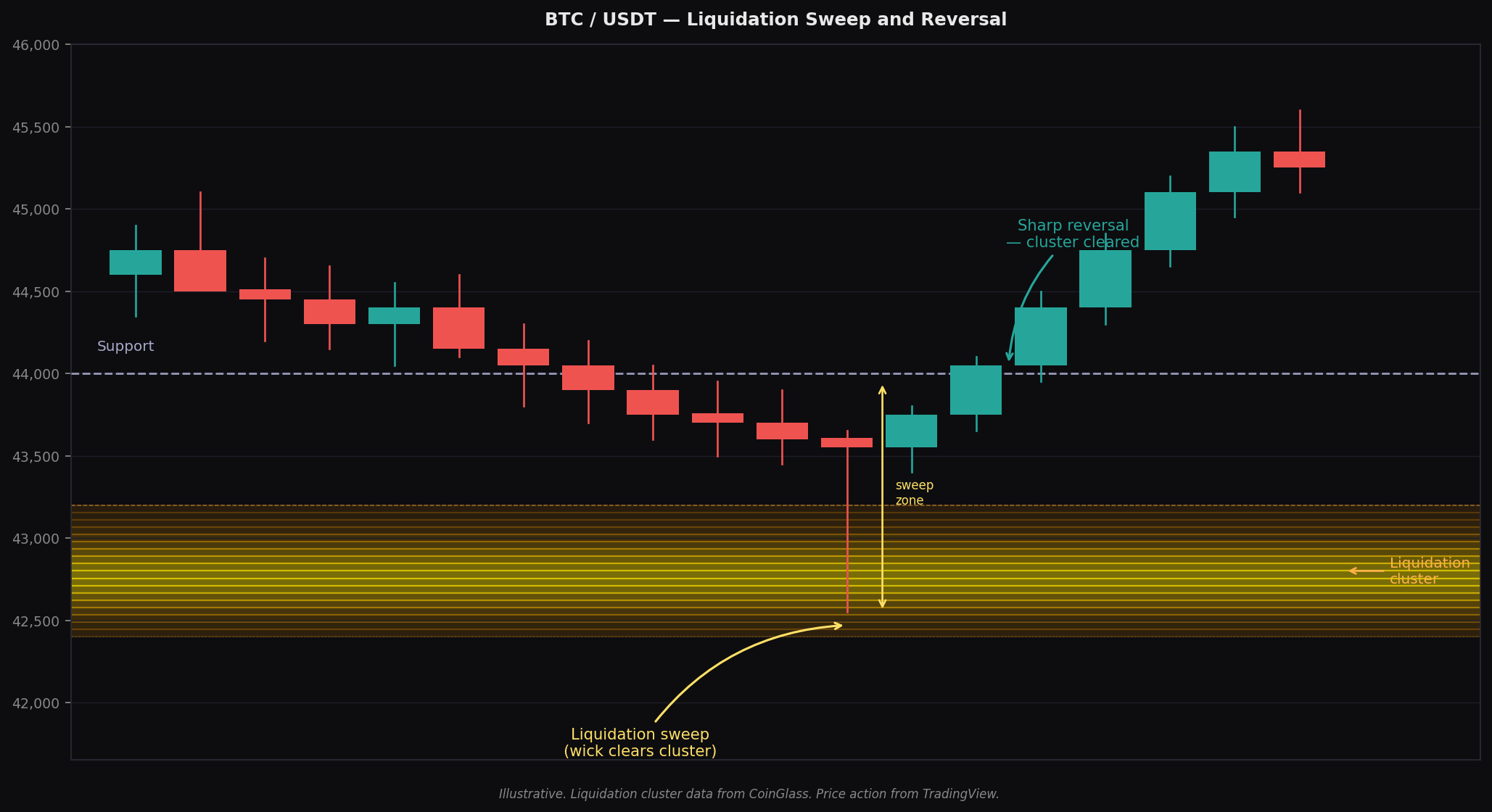 Annotated Bitcoin chart showing a liquidation sweep below support followed by a sharp reversal