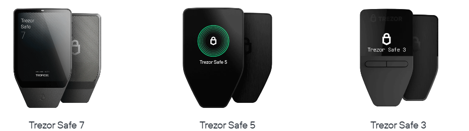 Trezor device lineup — Safe 7, Safe 5 and Safe 3